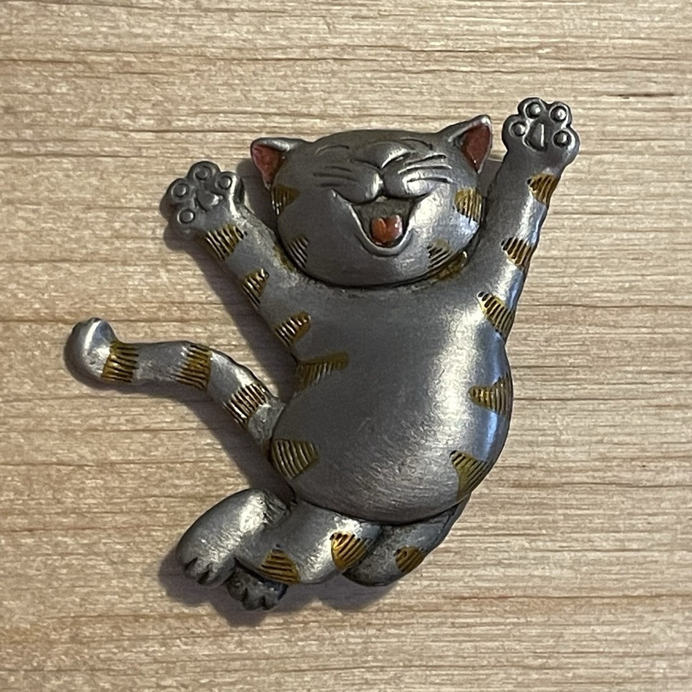 Vintage 1990s JJ Jonette Jewelry Pewter Tone Cat Brooch Happy Kitty Pin Orange - Picture 1 of 9